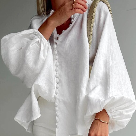 Lunar Fox White Linen Peasant Blouse Button Down Top Wide Sleeves L XL Hansel - Picture 1 of 14